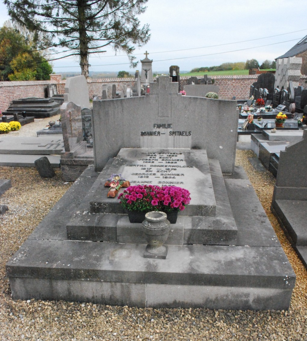 Grafsteen van familie Donner-Spitaels met paarse bloemen, omringd door andere graven op een begraafplaats.