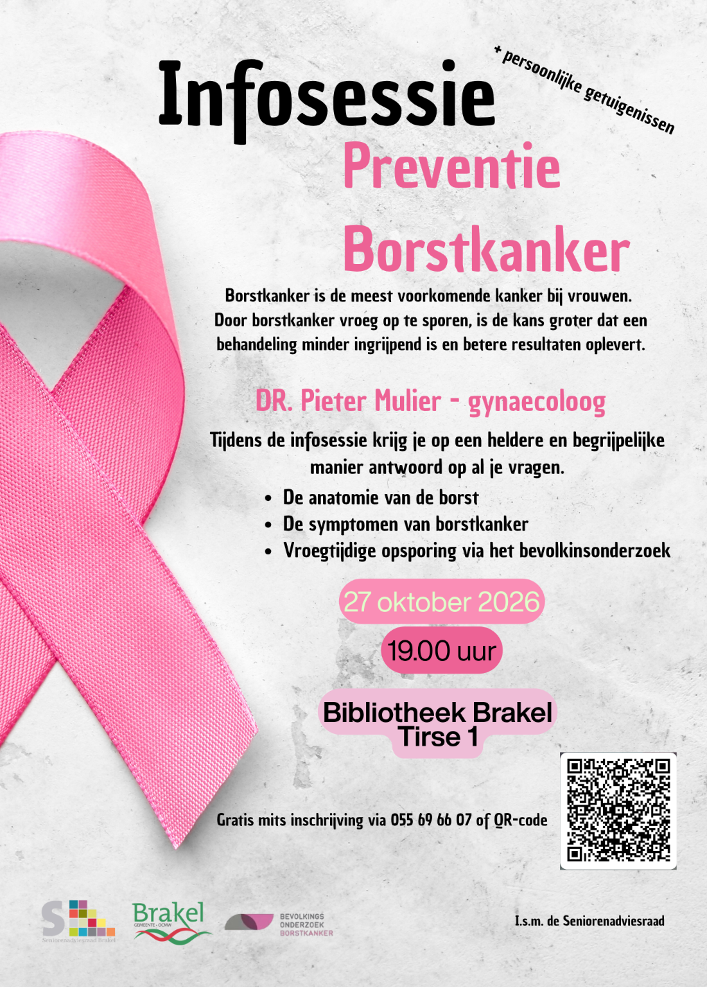 Flyer voor een infosessie over preventie van borstkanker op 27 oktober 2026 in Bibliotheek Brakel, met Dr. Pieter Mulier.