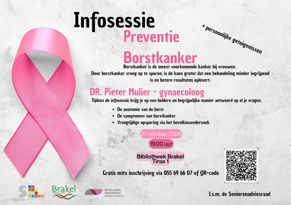 Flyer voor een infosessie over preventie van borstkanker met Dr. Pieter Mulier op 27 oktober 2026 in Bibliotheek Brakel.